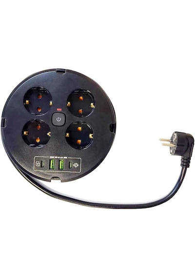 Güncelçarşı 4'lü Akım Korumalı Makaralı Priz 2 Metre Kablolu 2200w 1050j 2 X Usb, 2 X Type-c Girişli Açma Kapama Düğmeli Çoklu Priz 0 - 2 M
