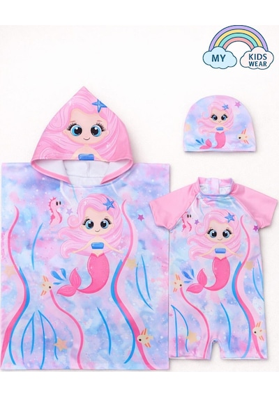 My Kids Wear Kız Çocuk Deniz Kombini 3 Lü Set Mayo, Havlu Ve Bone 12580 Beyaz - Mor