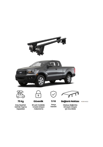 Royal Ford Ranger 2011 Ve Sonrası Uyumlu Siyah Kilitli Ara Atkı Port Bagaj Tavan Barı