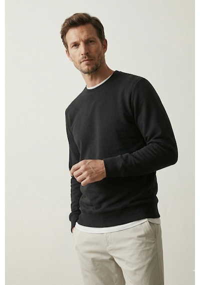 Elemge Pamuklu Erkek Sweatshirt Siyah Soft Touch Relax Fit Basic Bisiklet Yaka 3 Iplik Nefes Alan