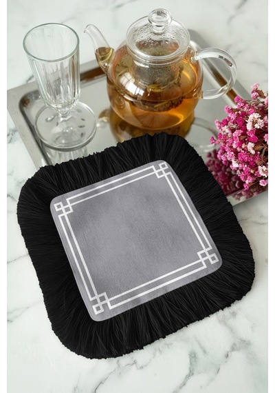 Lüks Geometrik Kenar Saçaklı Sunum Peçetesi-art Deco Siyah Modern Gri Bardak Altlığı Servis Mendili Çok Renkli