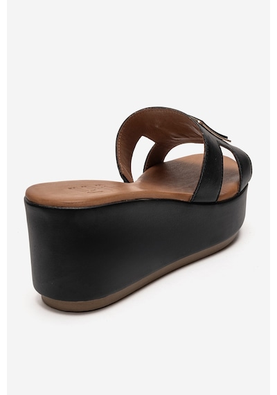 Luvishoes Hıola Siyah Hakiki Deri Tokalı Kadın Dolgu Topuklu Terlik