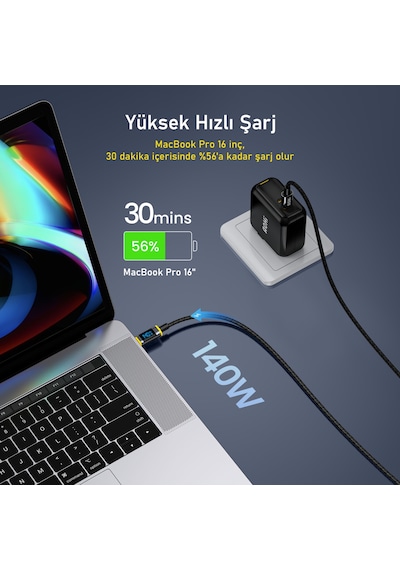 Aohi Magline PD 3.1140 W USB-C To USB-C Led Ekranlı Örgülü Süper Hızlı Şarj Data Kablosu 1.2 M