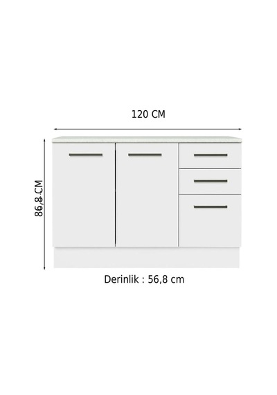 Yale Mutfak Alt Modül 3 Çekmeceli -2 Kapaklı-120 Cm -tezgah Dahil Beyaz
