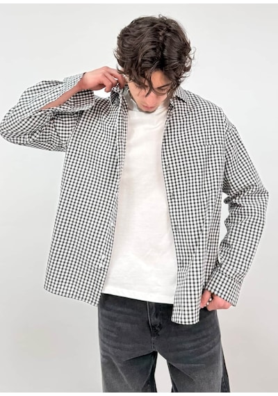 Zaee 404 Baskılı Kareli Oversize Gömlek siyah