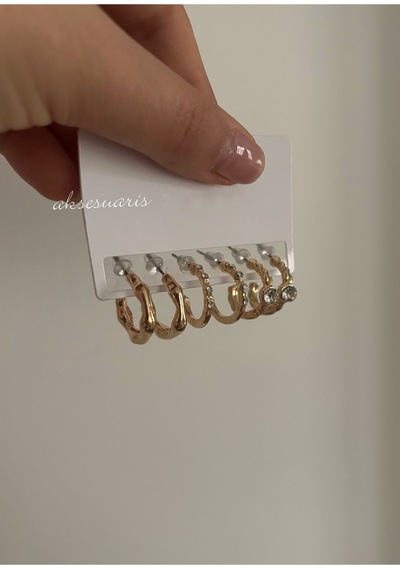 Minimal Halka Küpe Seti Taş Detaylı Vintage Burgu Kadın Küpe Kombini 6 Lı Çoklu Küpe Seti Altın Altın