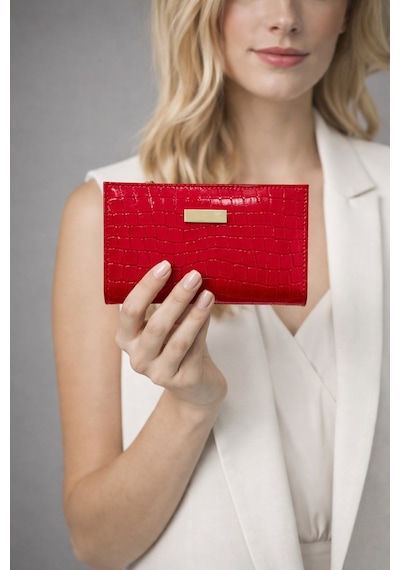 Adelina Bags Kadın Timsah Deseni Görünümlü Basic Küçük Kırmızı Cüzdan Kırmızı