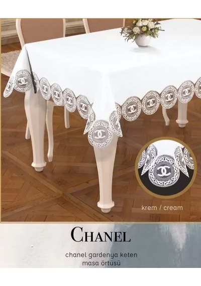 160x260 Cm Chanel Model Gardenya Keten Krem-krem Masa Örtüsü Şık Dekoratif