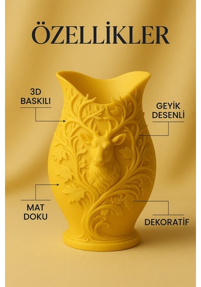 3d Baskılı Geyik Desenli Dekoratif Vazo 15 Cm Sarı