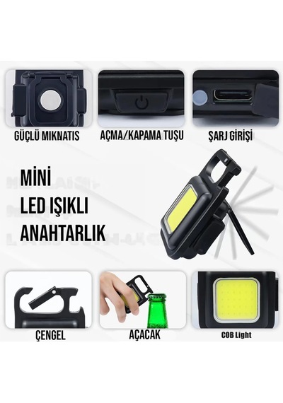 Thentech Mini Taşınabilir Güçlü Led Işıklı Şarjlı Led Anahtarlık Siyah