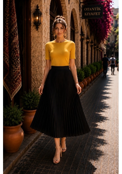Eren Style %100 Cotton Piliseli Etek 95 Cm - 36-52 Siyah