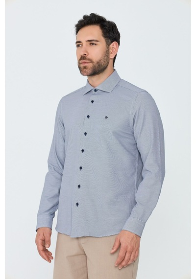 White Stone Lacivert Mikro Desenli Dynamic Fit Erkek Uzun Kollu Gömlek