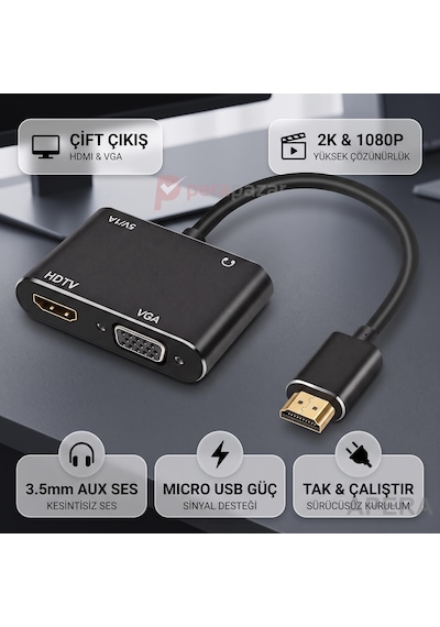 Hdmı To Hdmı Ve Vga Dönüştürücü Adaptör Ses Çıkışlı 4k Destekli Tek Yönlü Pc Laptop Monitör Tv Projeksiyon Çoklayıcı Cr98