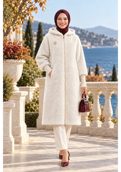 Hb Harma Time Butik Kadın Fermuarlı Kapüşonlu Angora Beyaz Kürk Kaban Beyaz Beyaz