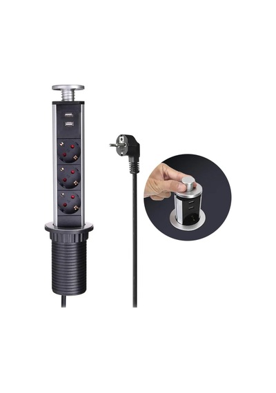 Manuel Asansörlü Gizlenebilir Gömme Tip Grup Priz 16a 1.8 Metre Kablolu 2 Usb Li 3 Lü Grup Priz Ev Ofis Ortamında Kullanımına Uygun 60mm Siyah
