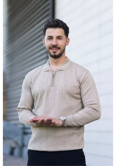 Hk Premium Triko Kazak Polo Yaka Fermuarlı Slim Fit Bej