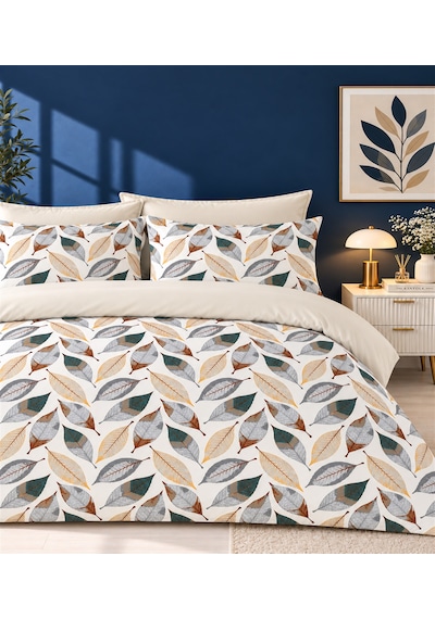 More Home Çift Kişilik Nevresim Takımı Lastikli Çarşaflı Yaprak Desenli Bej