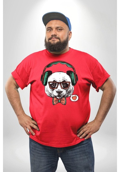Angemiel Kulaklıklı Hipster Portre Panda Kırmızı Büyük Beden Erkek Kadın Unisex Basic Ön Baskılı Tişört Kırmızı