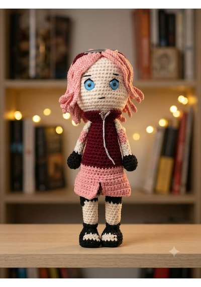 Sakura Haruno / Uchiha Amigurumi Örgü Oyuncak - Anime Hediyelik Figür 21 Cm
