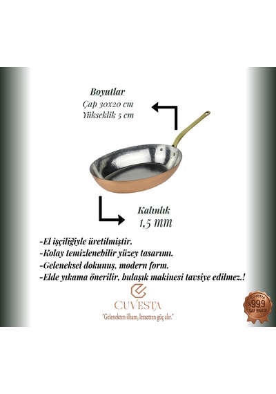 Cuvesta El Yapımı Şef Tipi Kalın 1.5mm Bakır Sote Tavası 30x20cm