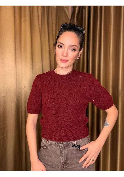 Ali Butik Bordo Pullu Simli Kısa Kol Triko Bordo