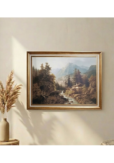 Vintage Dekoratif Gold Çerçeveli Manzara Tablosu 80x60 Cm