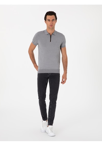 Gri Slim Fit Fermuarlı Polo Yaka Triko T-shirt