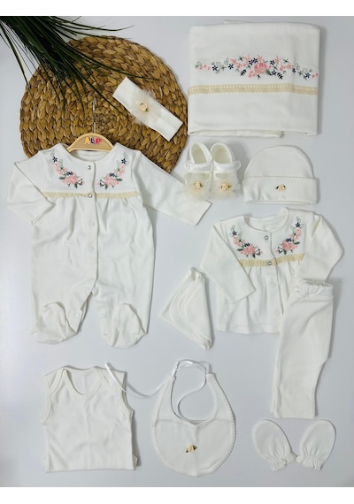 Alpbebe Sıra Çiçek Nakışlı 10 Lu Hastane Çıkışı Set - Krem Krem