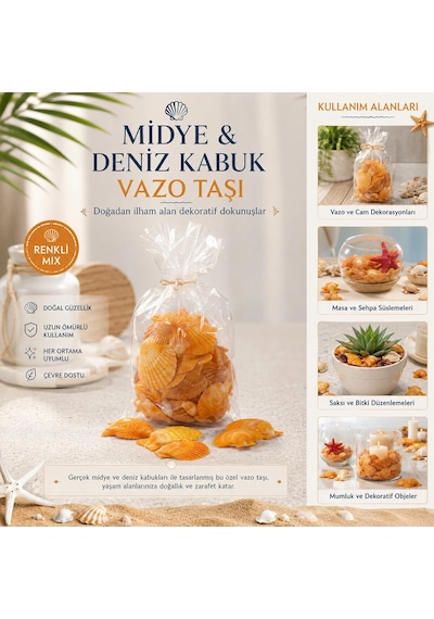 Poşetli Renkli Mix Midye - Deniz Kabuk Vazo Taşı 5047 Açık Altın
