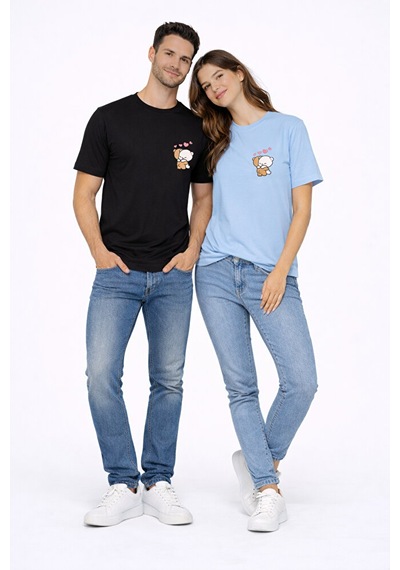 Nevermind Sevgili Kombini Minimal Ayıcık Kalp Baskılı Çift Tişört Oversize Mavi