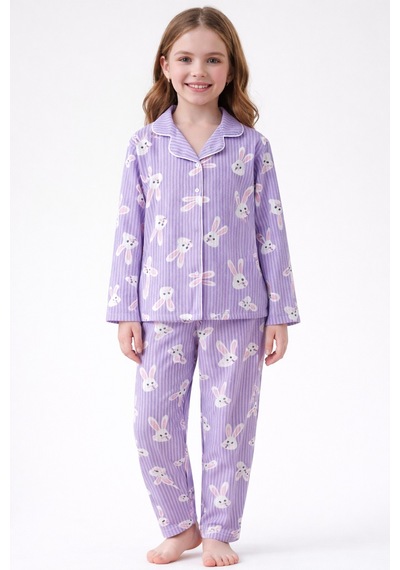 Free Beka Lila Çizgili Ve Tavşan Desenli Uzun Kollu Önden Düğmeli Gömlek Yaka Anne Kız Pijama Takımı Kombin Lacivert Free Beka Lila Çizgili Ve Tavşan Desenli Uzun Kollu Önden Düğmeli Gömlek Yaka Anne Kız Pijama Takımı Kombin Lacivert