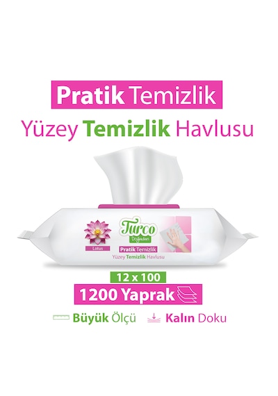 Turco Doğadan Pratik Yüzey Temizlik Havlusu Lotus 12x100 1200 Yaprak Beyaz
