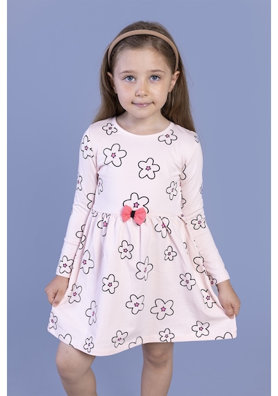 Toontoy Kız Çocuk Çiçek Desenli Fiyonk Detaylı Elbise Pudra
