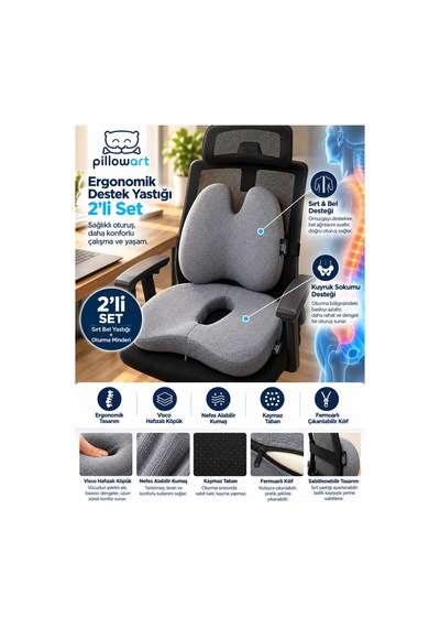 Oto Sırt Ve Oturma Destek Minderi Uzun Yol İçin Ergonomik Visco 2 Li Set