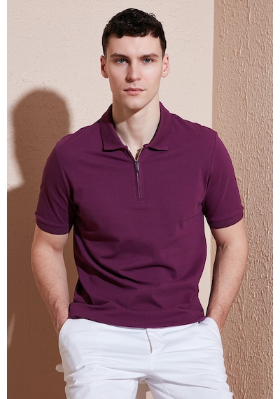 Buratti Pamuklu Regular Fit Yarım Fermuarlı Erkek Polo Yaka T Shirt 5903008 Mürdüm