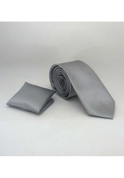 Gaffy Gri Slim Fit İnce Düz Renk Mendilli Saten Kravat - SS-04 Gri