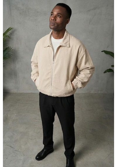 Freemen Erkek Basic Gabardin Kumaş Fermuarlı Oversize Mevsimlik Polo Yaka Ceket Bej