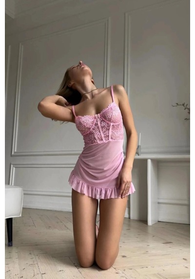 Leyna Pembe Balenli Tül Dantelli Gecelik Tm1406 Çok Renki