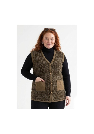 Onno Style Women Büyük Beden Çelik Örgü Klasik Leopar Desen Triko Kadın Yelek Bej