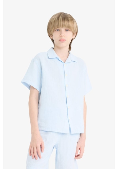 Defacto Erkek Çocuk Oversize Geniş Kalıp Polo Yaka Müslin Kısa Kollu Gömlek W3239a625hsbe174 Mavi