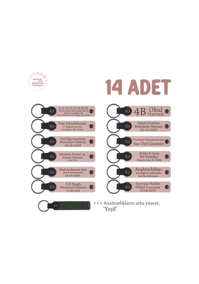 Minik Mezunlara Anlamlı Hatıra, 14 Lü Set, Üzerine İsim Yazılabilen Deri Anahtarlık, Pudra & Yeşil