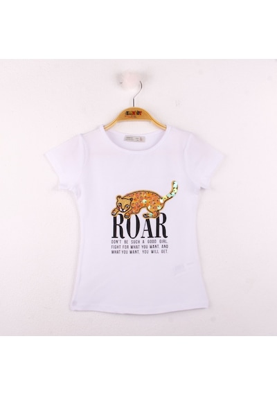 Toontoy Kids Toontoy Kız Çocuk Leopar Baskılı Pullu Tişört Beyaz