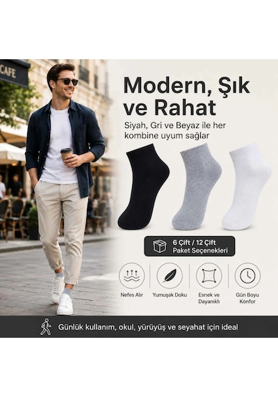 Çorap Giyim Erkek Kısa Konç Çorap 3 Lü Paket, %80 Pamuklu, Dikişsiz Burun, Nefes Alan Yumuşak Bilek Çorabı, Siyah Gri Beyaz Çok Renkli