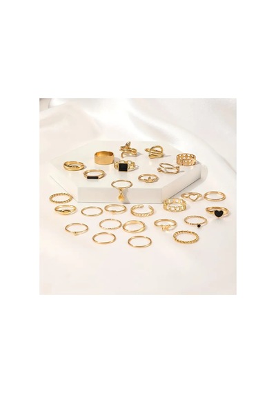 Miel Gold - 25/27 Parça Siyah Taşlı Figürlü Şık Tasarım Vintage Çoklu Gold Altın Yüzük Seti