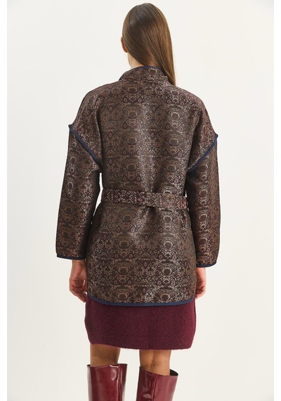 Shade Kadın Etnik Desenli Kuşaklı Oversize Kimono 4159 60283674 - Acı Kahve Kahverengi