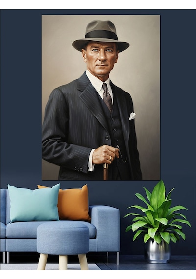 Ahşap Tablo Fötr Şapkalı Mustafa Kemal Atatürk Portresi