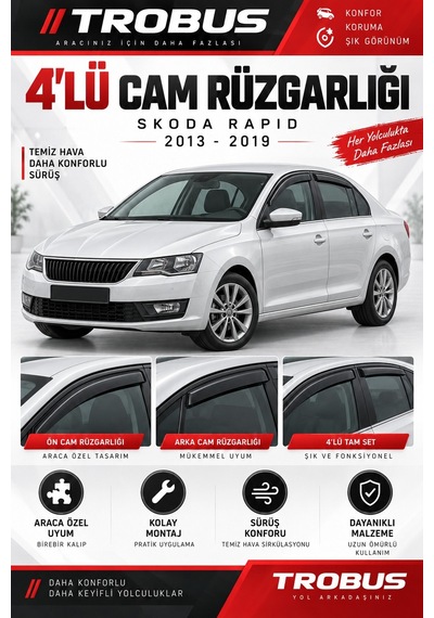 Skoda Rapid Spaceback 2017 Mügen Cam Rüzgarlığı 4'lü