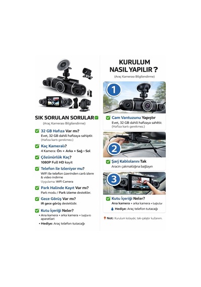 Wifi 4 Kameralı Araç İçi Kamera 1080p Full Hd 32 Gb Dahili Hafıza Geniş Açılı Gece Görüşlü