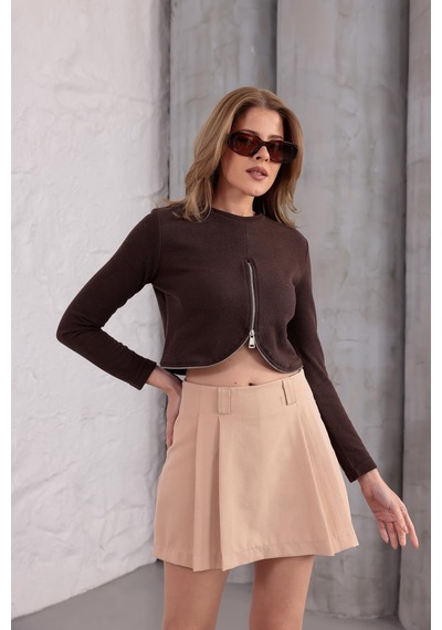 Ckm Moda Mira Selanik Oval Fermuar Bluz Kahve