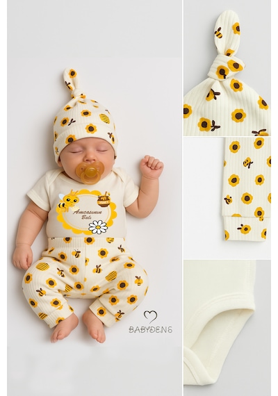 Babyden's Amcasının Balı Yazılı 3 Lü Bebek Takımı Kısa Kollu Çıtçıtlı Body, Arı Desenli Fitilli Pantolon, Bere Seti Unisex Ekru